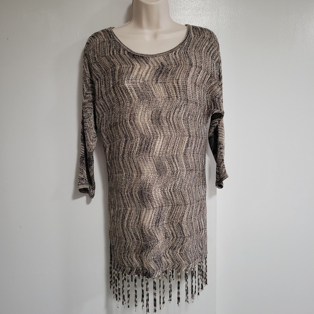 Chico's Travelers Size 0‎ (S) Brown Multi Chevron Print Fringed Tunic Sweater